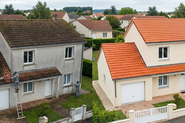 Avant après démoussage de toit à Pamiers